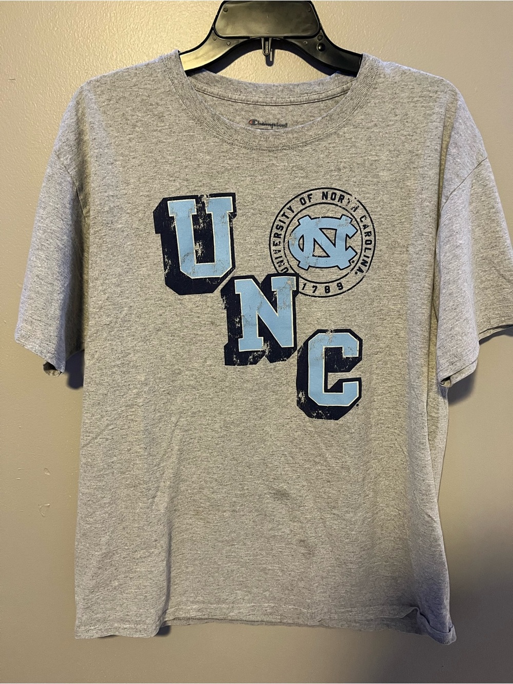 Champion Gray T‑Shirt with Carolina Blue UNC Logo